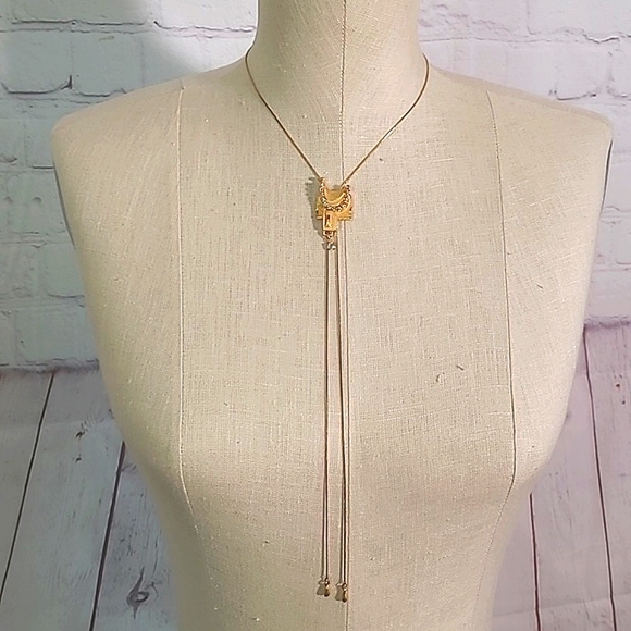 Vintage Unmarked Bolo Tie Gold Tone Horse Saddle Rhistones Cowgirl Necklace 16" - Picture 14 of 17